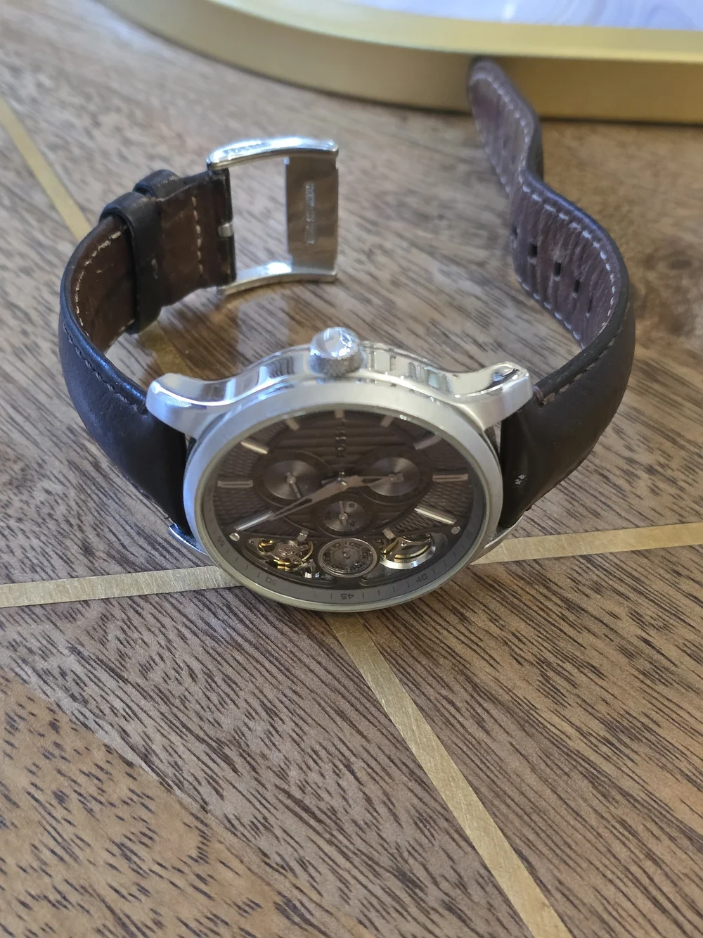 Fossil Men's Silver Dial Skeleton Automatic Watch with Brown Leather Strap